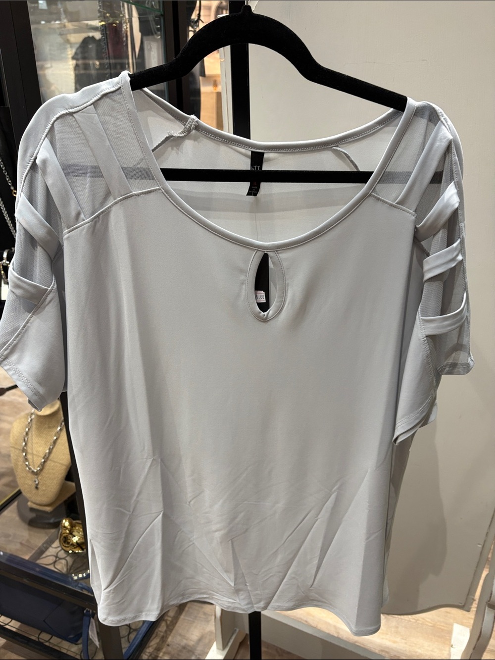Women's Light Gray Cutout Sleeve Tee with Keyhole Detail